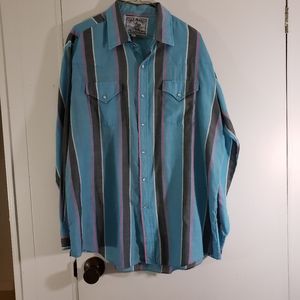 ELY Western Shirt Size XL Blue Gray Stripes Pearl Snaps Pockets